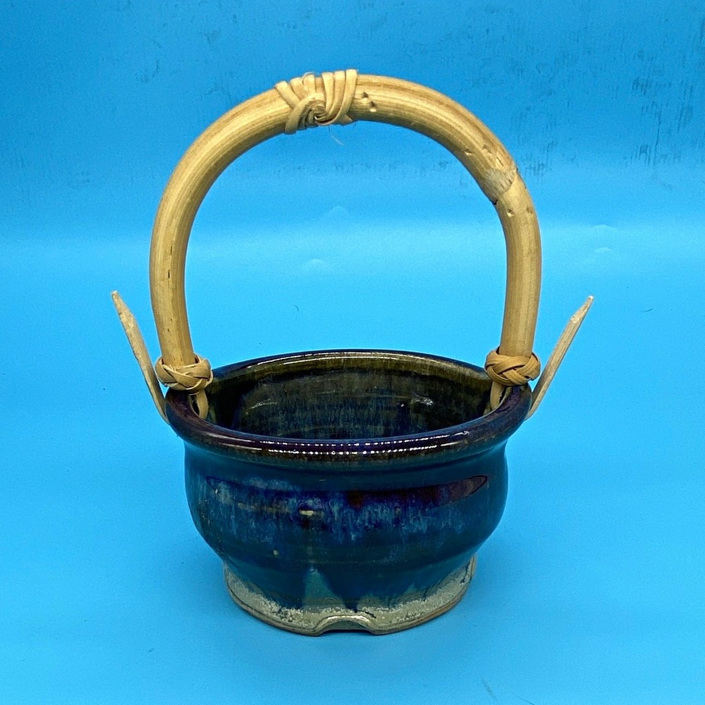 Vintage Studio Art Pottery Basket Bowl Blue Purple Glaze Bamboo Handle Signed